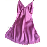 2017 Ladies Sexy Silk Satin Night Dress Sleeveless V-neck Nightgown Lace Sleepwear For Women