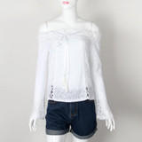 2017 Lace Blusas Women Long Flare Sleeve Slash Neck Shirts Summer Sexy Cut Out Blouse Casual Off Shoulder Tops White Blusa GV623