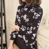 2017 Korea Fashion Women Blouse Chiffon Blusas Floral Feminina Chemise Femme Flare Sleeve Blouse Shirt Turtleneck Ladies Tops