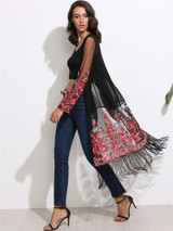 2017 Kimono Cardigan Fashion Sexy Transparent Chiffon Retro Tribal Embroidery Tassel Sun Shirts Blouses Women Tops CA6704