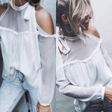 Stylish Women clothes Casual Long Sleeve transparent Shirts Turtle Neck Loose solid Summer Polyester Blouses one pieces