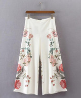 Stylish Flower print White Wide Leg Pants 2017 New Woman Vintage Side Zipper Waist Full length Trousers Femme Casual loose Pants