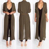 Stylish Elegant Fashion Belted Women Long Trench Coat Solid Color Chiffon Slim Cardigan Outwear Casual Loose Women Coat Dress