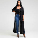 Stylish Elegant Fashion Belted Women Long Trench Coat Solid Color Chiffon Slim Cardigan Outwear Casual Loose Women Coat Dress