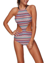 Stripy Bandage Tie One Piece Floral Print Swimsuit