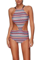 Stripy Bandage Tie One Piece Floral Print Swimsuit