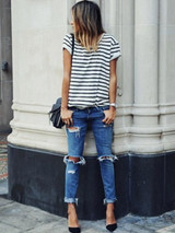 Stripes Round Collar Blouses&Shirts Top