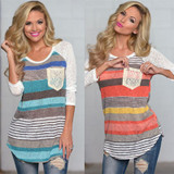 Striped Lace Crochet Women Blouses Plus Size Knitted Autumn Pockets Shirts Long Sleeves Asymmetrical Patchwork Pullovers 30%Y