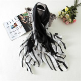 Stripe Silk Scarf Women Long Elegant Shawl Soft Foulard Style Black & White Brand New [1906]
