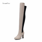 Stretch Lycra Over The Knee Boots Womens High Heels Thigh High Boots Winter Party Dress Shoes Black Grey Apricot Winered