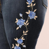Stretch Embroidered Jeans Women Elastic Blue Flower Jeans Female Pencil Denim Pants Rose Pattern Pantalon Femme Bottom Trouser