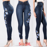 Stretch Embroidered Jeans Women Elastic Blue Flower Jeans Female Pencil Denim Pants Rose Pattern Pantalon Femme Bottom Trouser