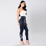 Stretch Embroidered Jeans Women Elastic Blue Flower Jeans Female Pencil Denim Pants Rose Pattern Pantalon Femme Bottom Trouser