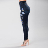Stretch Embroidered Jeans Women Elastic Blue Flower Jeans Female Pencil Denim Pants Rose Pattern Pantalon Femme Bottom Trouser