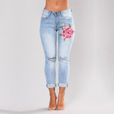 Stretch Embroidered Jeans For Women Elastic Flower Jeans Female Pencil Denim Pants Hole Ripped Rose Pattern Jeans Pantalon Femme