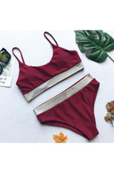 Chicnico Fashion Sequined Hem Solid Color High Waist Bikini Set