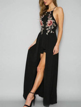 Chicnico Embroidery Halter Open Back Maxi Dress