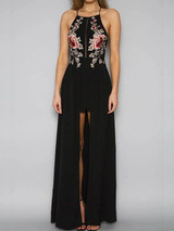 Chicnico Embroidery Halter Open Back Maxi Dress