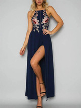 Chicnico Embroidery Halter Open Back Maxi Dress