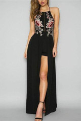 Chicnico Embroidery Halter Open Back Maxi Dress