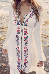 Chicnico Duplicate Embroidery White Beach Dress Cover Up