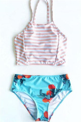 Chicnico Cute Halter Striped Floral Tank High Waist Bikini Set