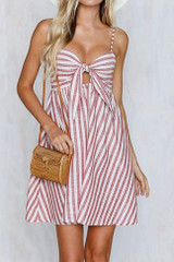 Chicnico Cute Bow Tie Front Striped Braced Dress