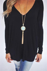 Chicnico Casual V Neck Solid Color Long Sleeve Loose Top