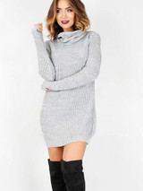 Chicnico Casual Knit Turtleneck Solid Color Sweater Dress