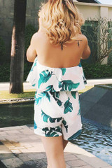 Chicnico Casual Leaf Printed Flounce Off Shoulder Short Jumpsuit