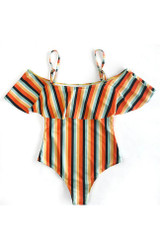Chicnico Casual Flounce Off Shoulder Striped One Piece Bikini