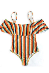Chicnico Casual Flounce Off Shoulder Striped One Piece Bikini