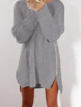 Chicnico Casual  Zipper Solid Color Long Sleeve Sweater Dress