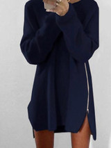 Chicnico Casual  Zipper Solid Color Long Sleeve Sweater Dress