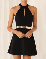 Chicnico Black Halter Tied Open Back A-line Dress