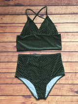 Chicnico Beach Babe Army green Corduroy Solid Color Bikini Set