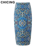 CHICING Women Retro Baroque Geometric Print Pencil Stretch Skirts 2017 Empire Office Lady Bodycon Wrap Midi Skirt Saias B1606048