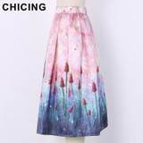 CHICING Women Pink Dandelion Gradient Floral Print High Waist Midi Skirt 2017 Spring Summer Lady Circle Saia Femininas A1612029