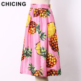 CHICING Women Fashion Pink Pineapple Printed Pleated Midi Skirt 2017 Spring Summer Ladies Skater Skirts Saia Femininas A1703095