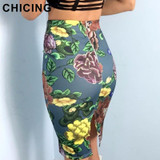 CHICING High Street Floral Pattern Bronzing Pencil Print Skirts Women 2018 Sexy Stretch Empire Bodycon Midi Skirt Saias A1708014
