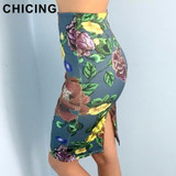 CHICING High Street Floral Pattern Bronzing Pencil Print Skirts Women 2018 Sexy Stretch Empire Bodycon Midi Skirt Saias A1708014