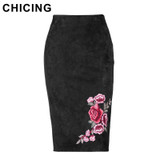 CHICING High Street Floral Embroidery Suede Gray Pencil Midi Skirt 2017 Fall Winter Stretch Bodycon Women Skirt Saias A1711001