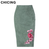 CHICING High Street Floral Embroidery Suede Gray Pencil Midi Skirt 2017 Fall Winter Stretch Bodycon Women Skirt Saias A1711001