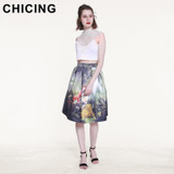 CHICING 50s Princess Royal Vintage Retro Fantasy Oil Painting Floral Print High Waist Midi Skirt Circle Saia Femininas A1509028