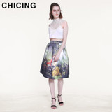 CHICING 50s Princess Royal Vintage Retro Fantasy Oil Painting Floral Print High Waist Midi Skirt Circle Saia Femininas A1509028