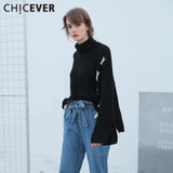 CHICEVER Black Jumper Long Sleeve Lace up Turtleneck Sweater Female Knitting Pullover Women's Winter Sweaters Top Casual Clothes