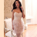 Chic Pink Pearls Beaded Mini Cocktail Dresses Luxury Feather Short Women Formal Party Dress Sexy Vestido De Festa Curto De Luxo