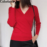 Colorfaith Women Pullover Sweater 2018 Knitting Autumn Winter Multi Colors Sexy V-Neck Elegant Bottoming Ladies Tops SW1018