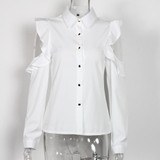 Cold Shoulder Tops Women 2018 Spring New Arrivals Fashion Ruffle Long Sleeeve Shirts Ladies Casual Chiffon Blouses Red White
