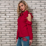 Cold Shoulder Tops Women 2018 Spring New Arrivals Fashion Ruffle Long Sleeeve Shirts Ladies Casual Chiffon Blouses Red White